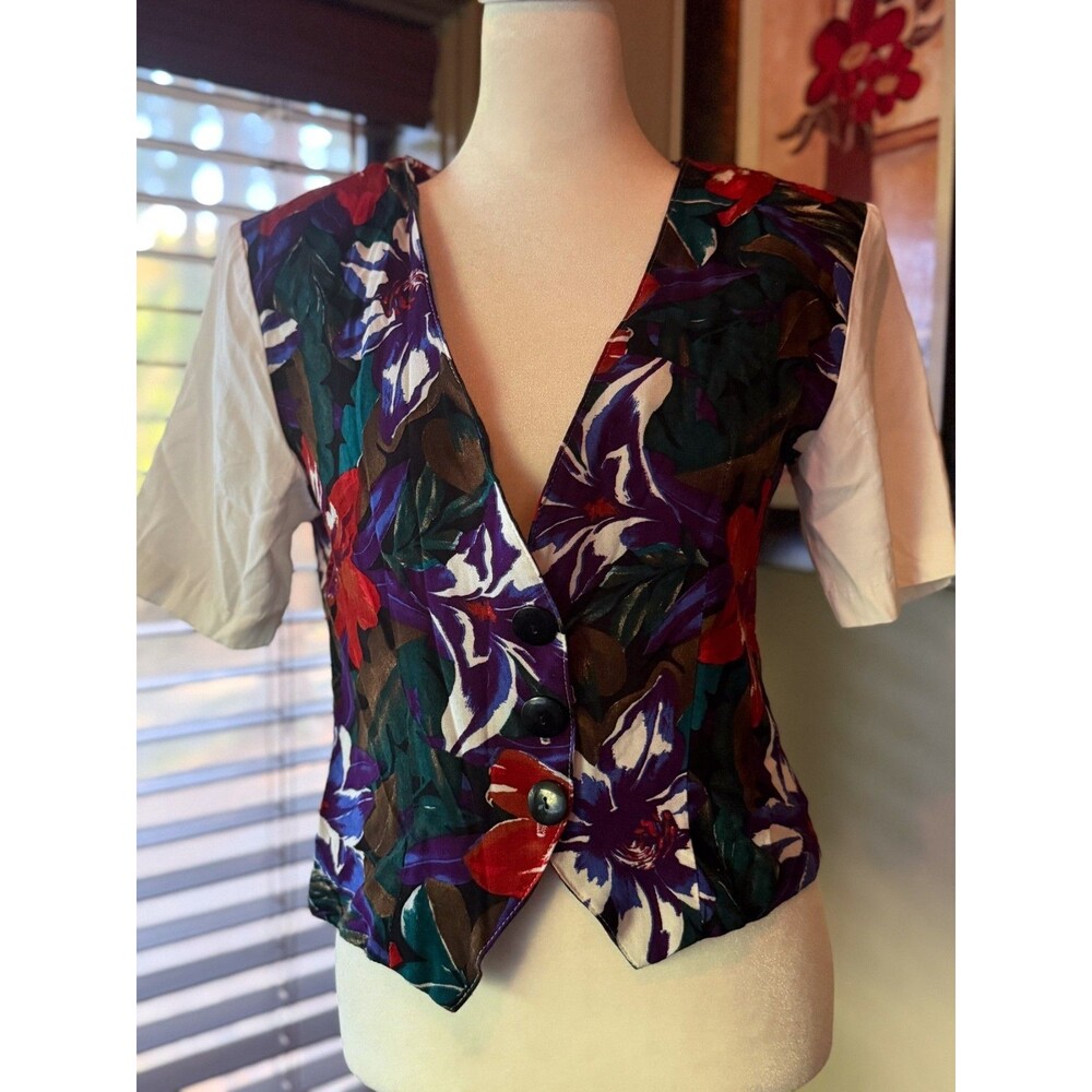 Title: Vintage 80s/90s Bold Floral Colorblock Short Sleeve Vest Top - Unbranded